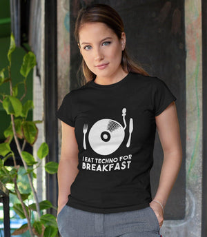 Women's Fitted T-Shirt I Eat Techno For Breakfast | Techno Outfit