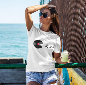 Vinyl Eating Music Notes Women's Fitted T-Shirt | Techno Outfit